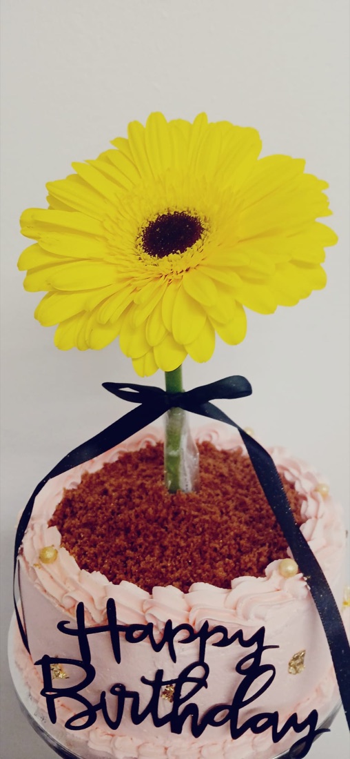 A pink Happy Birthday cake topped with a yellow gerbera flower