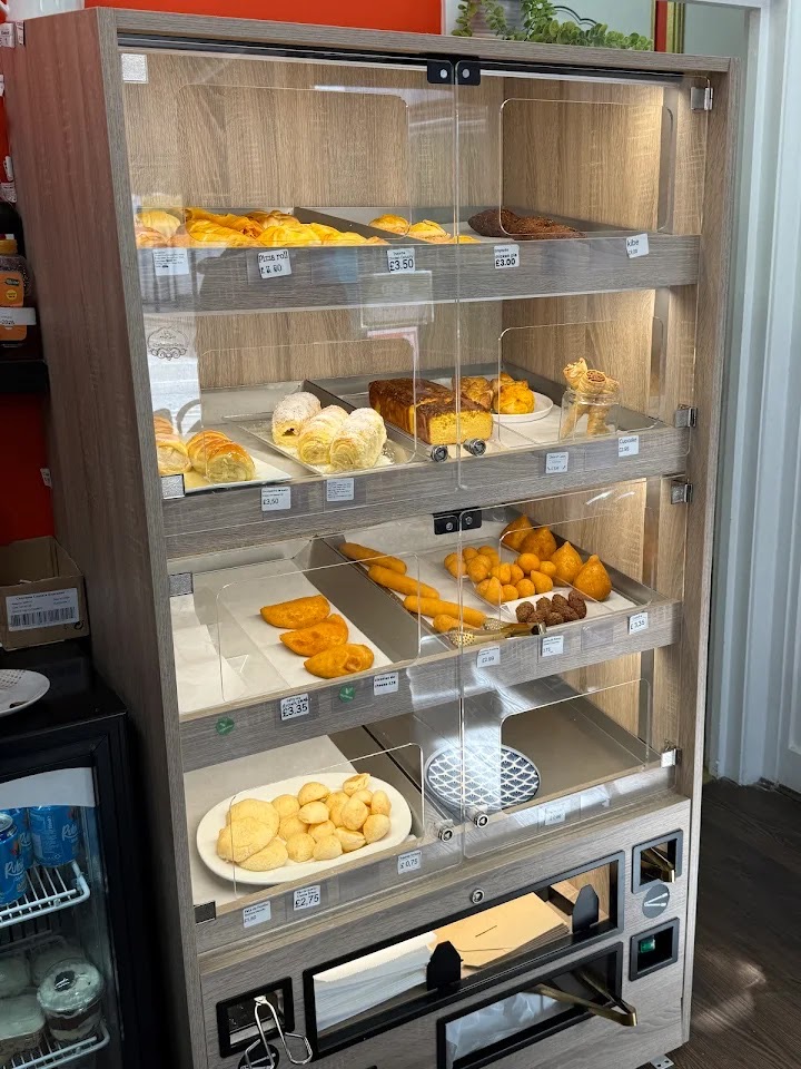 The glass counter at The Brazilian Pastry stocked with pastries, cakes and savouries